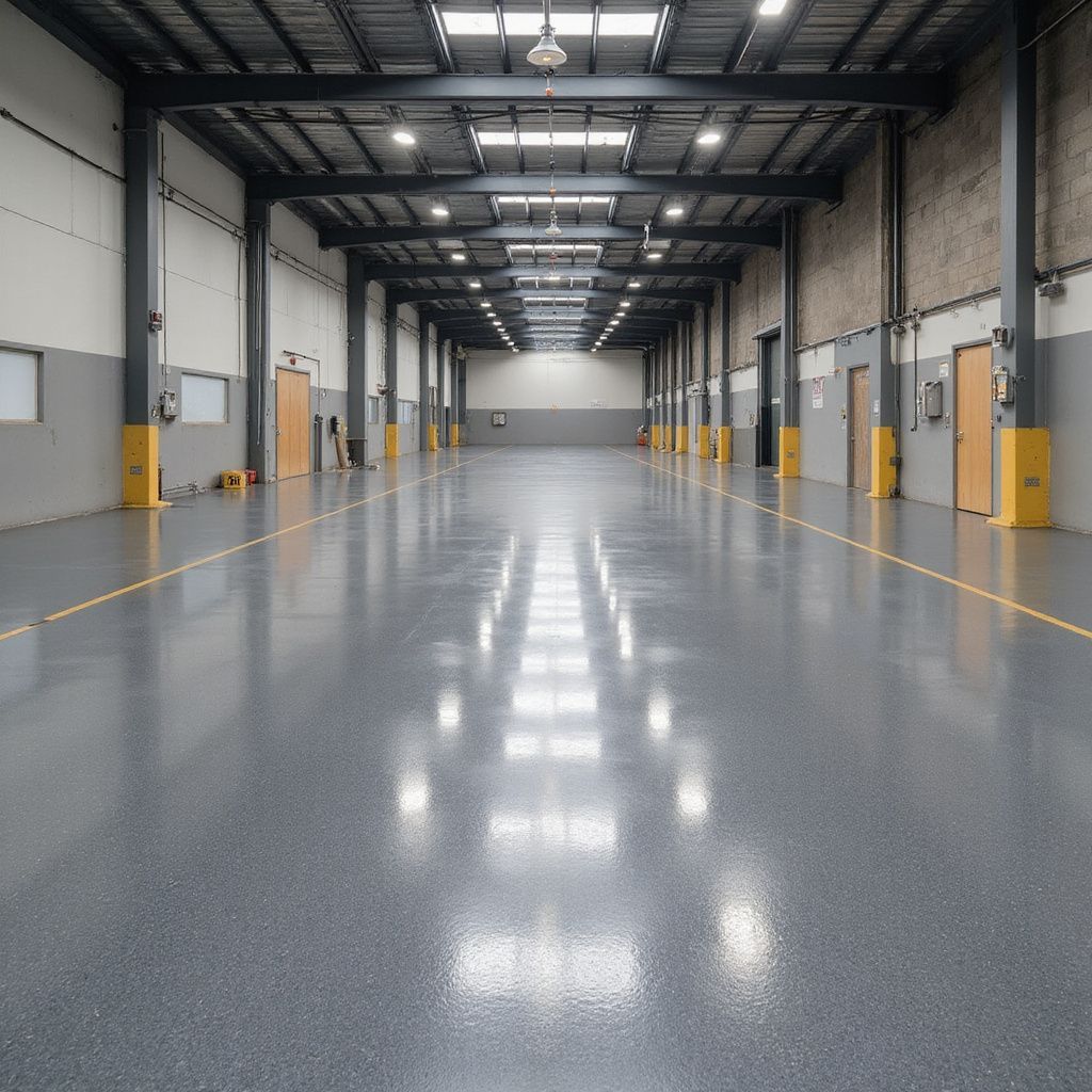 Large empty warehouse with glossy gray floor, skylights, and metal beams.