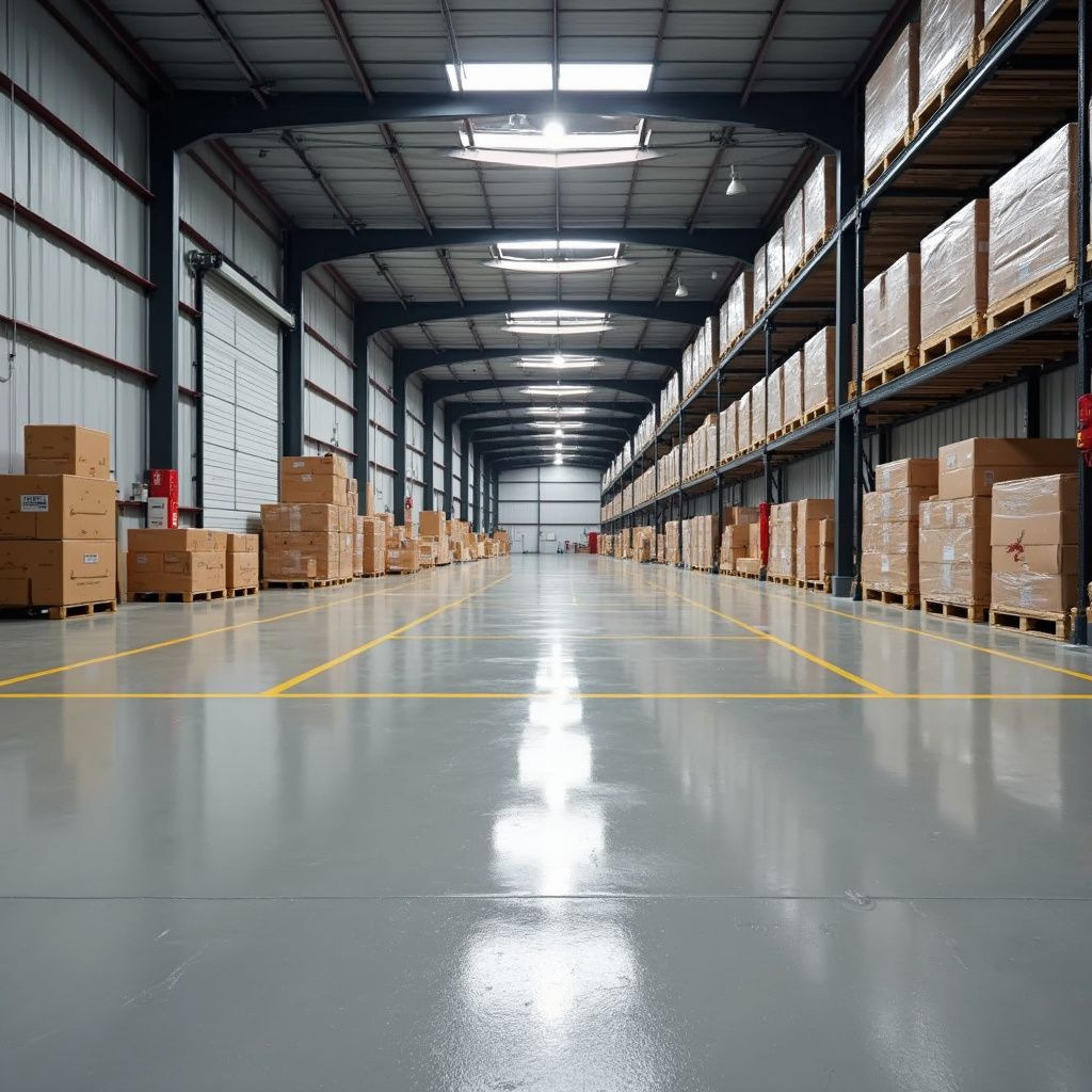 Warehouse interior with long aisle, boxes and shelving. Bright, grey floor and ceiling, with goods stored.