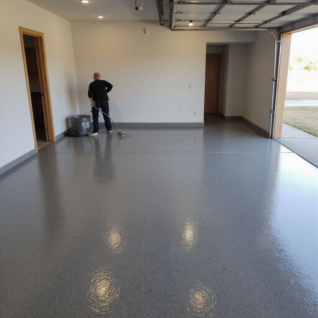 Man applying a glossy, speckled epoxy floor in a garage; open door to outside.