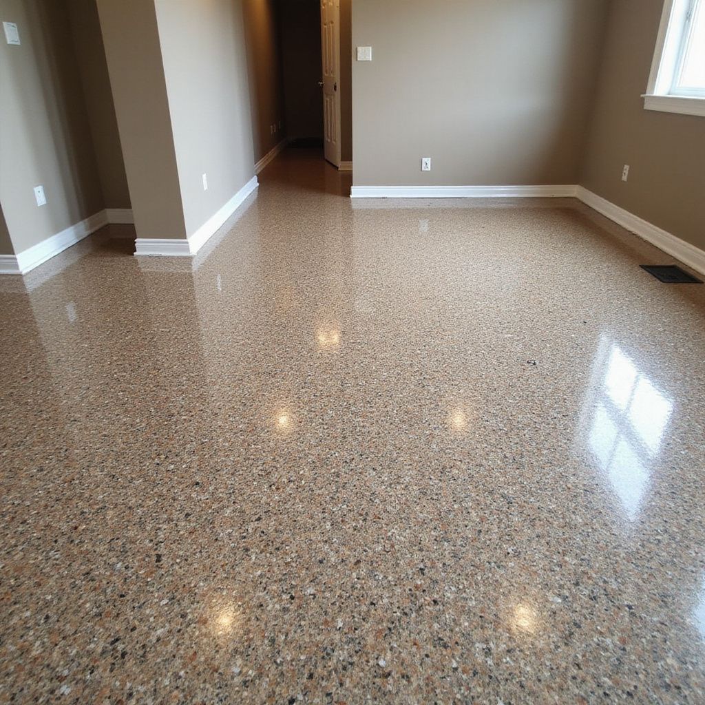Polished, speckled concrete floor in a room with tan walls, white trim, and a window.