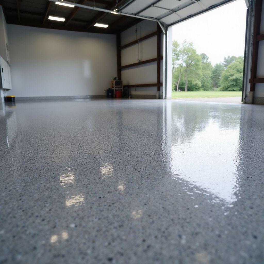 Empty garage with a gray, shiny epoxy floor; open garage door leading to green trees.
