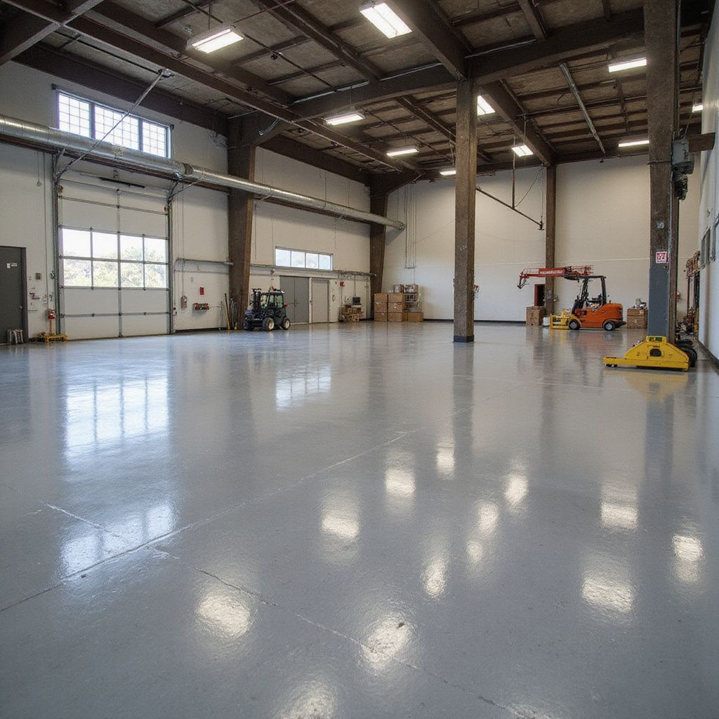 Inside of a warehouse with a glossy gray floor and forklifts, and overhead lighting.
