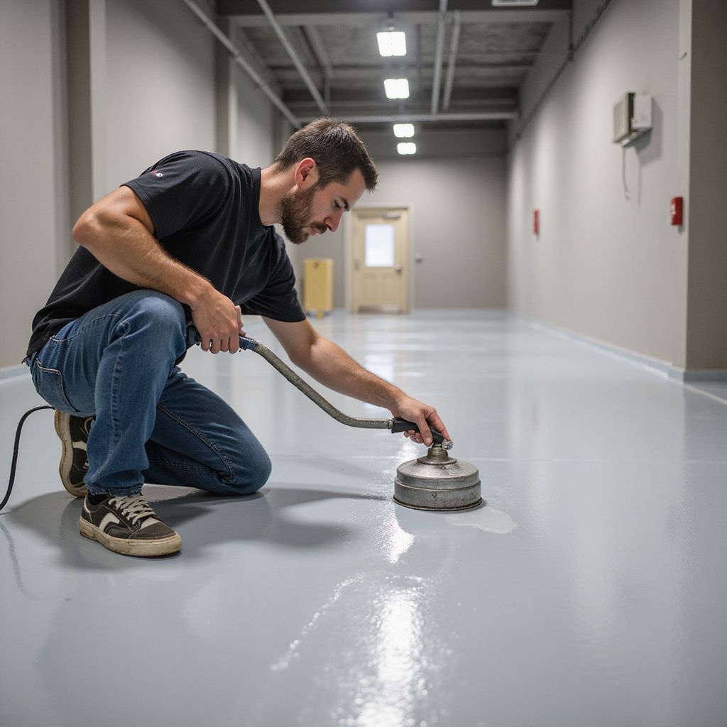Man cleaning light gray epoxy floor with a rotary floor scrubber in a long hallway.