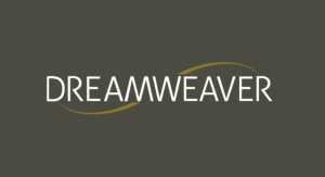 Dreamweaver logo on a dark gray background; white text with gold swoosh.