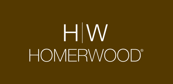Logo for Homerwood. Brown background, white text. “HW” above “HOMERWOOD®.”