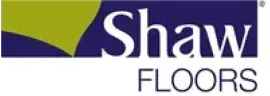 Shaw Floors logo with white text on a blue background and a yellow curved shape.