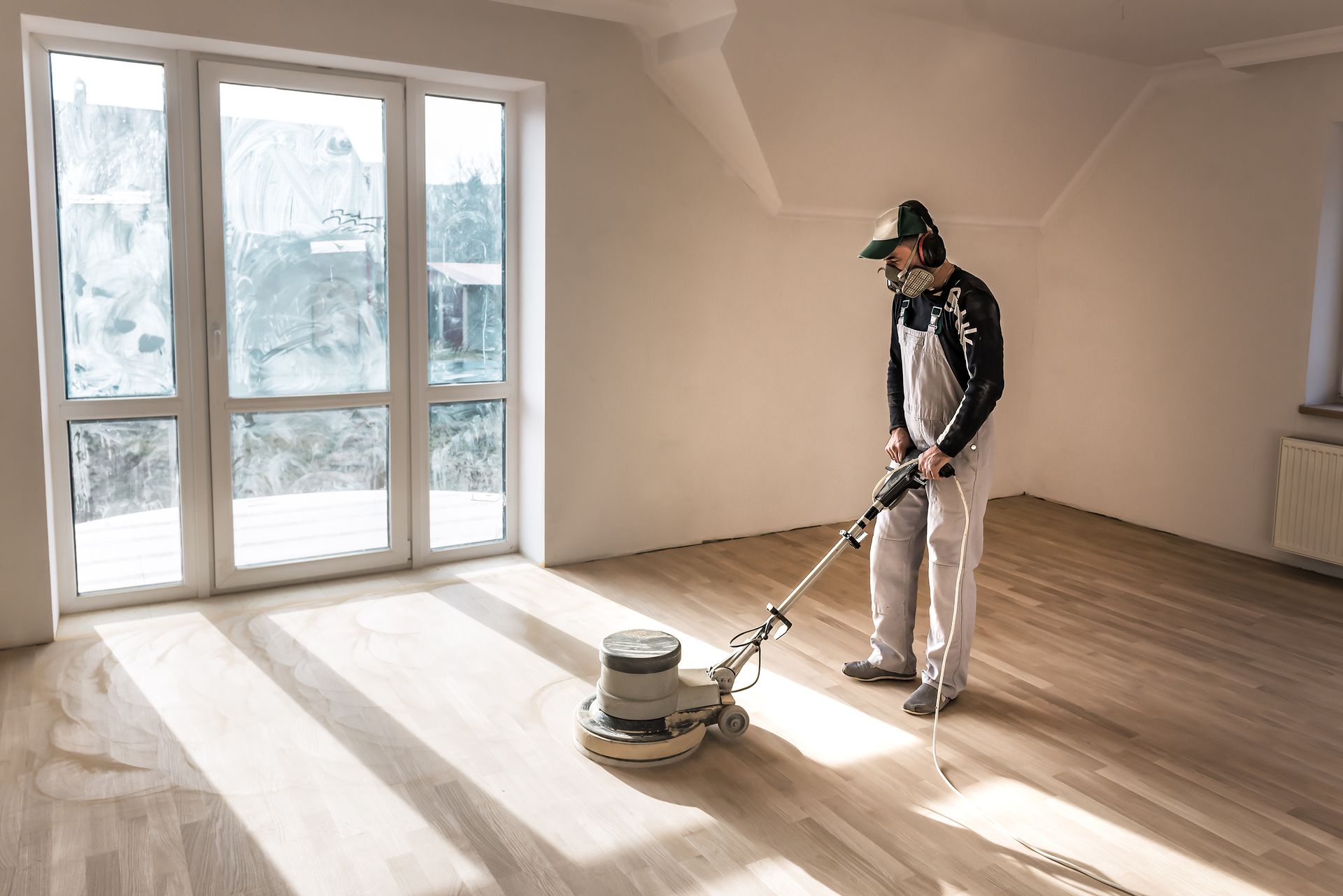 A worker sands a wooden floor in a room with large windows, wearing protective gear.