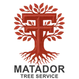 Logo for Matador Tree Service: a tree design incorporating the letters “T” and “F” in brown with the company name underneath.
