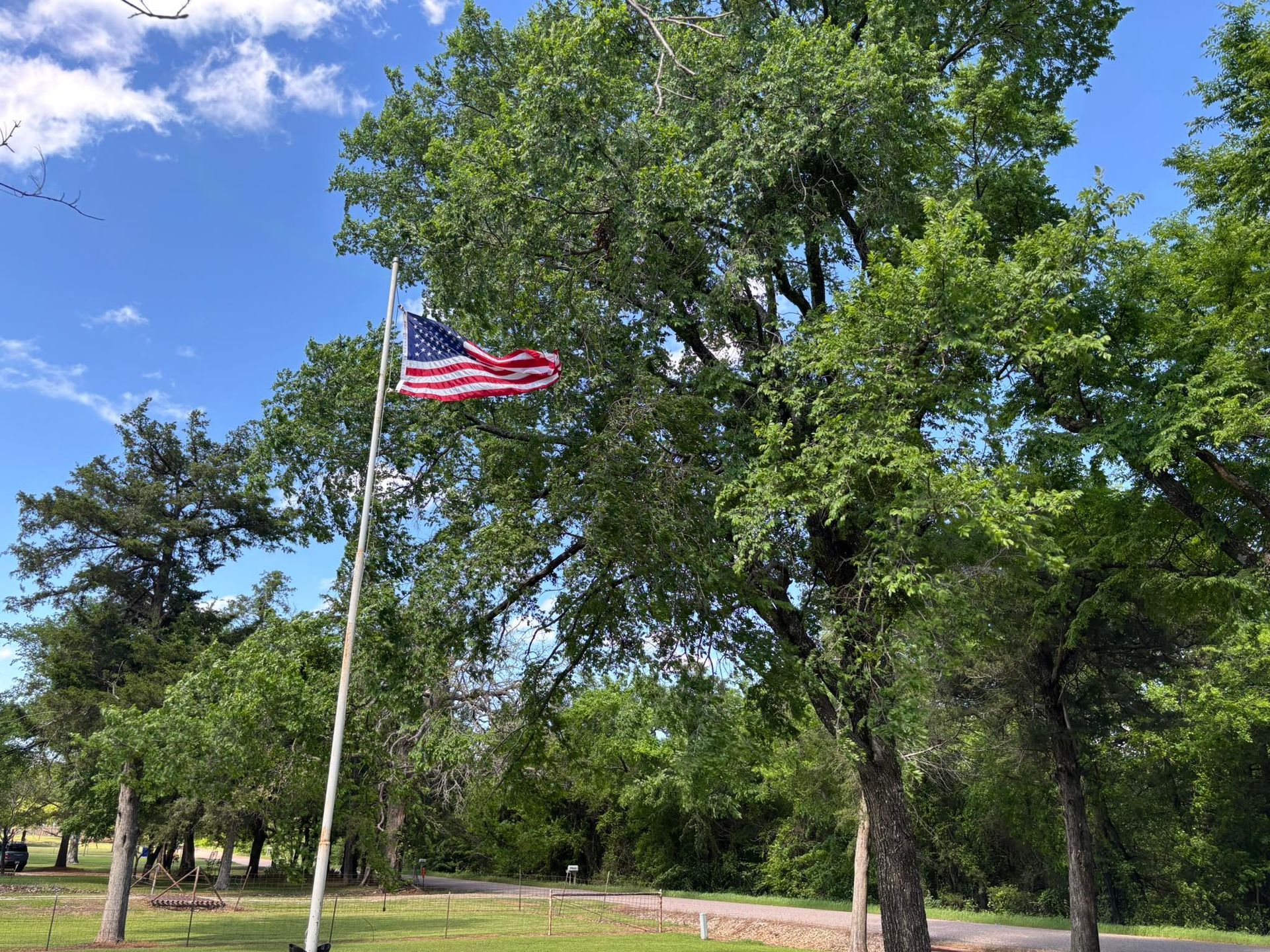 American flag waving on a pole in a park with green trees and a blue sky.