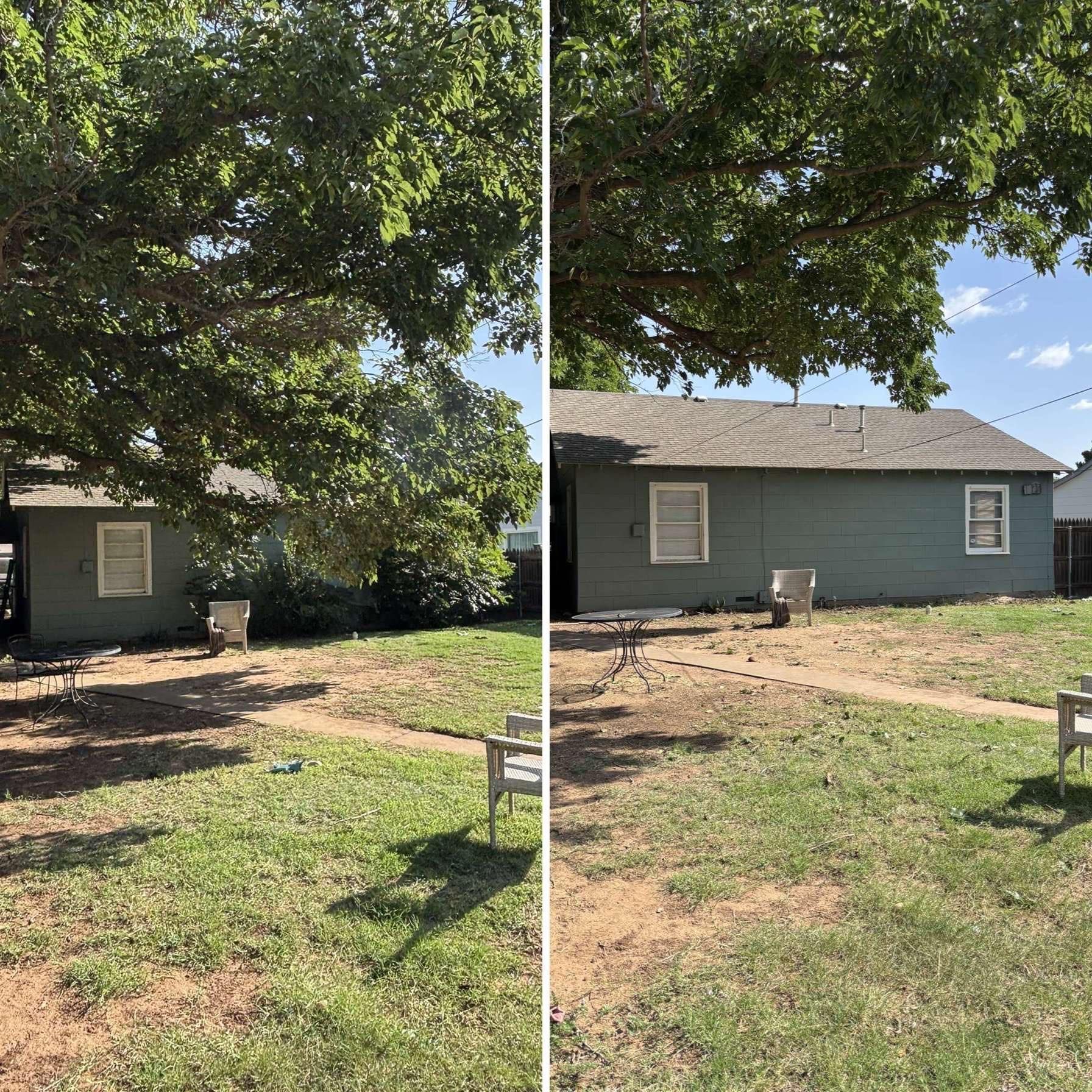 Two-panel view of a single-story house. The yard features sparse grass, a tree, and a concrete path.