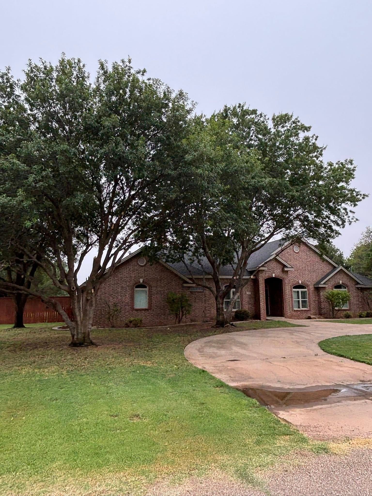 Brick house with trees in front, driveway, green lawn, cloudy sky.