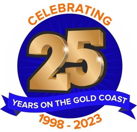 A logo for celebrating 25 years on the gold coast Paradise tower hire