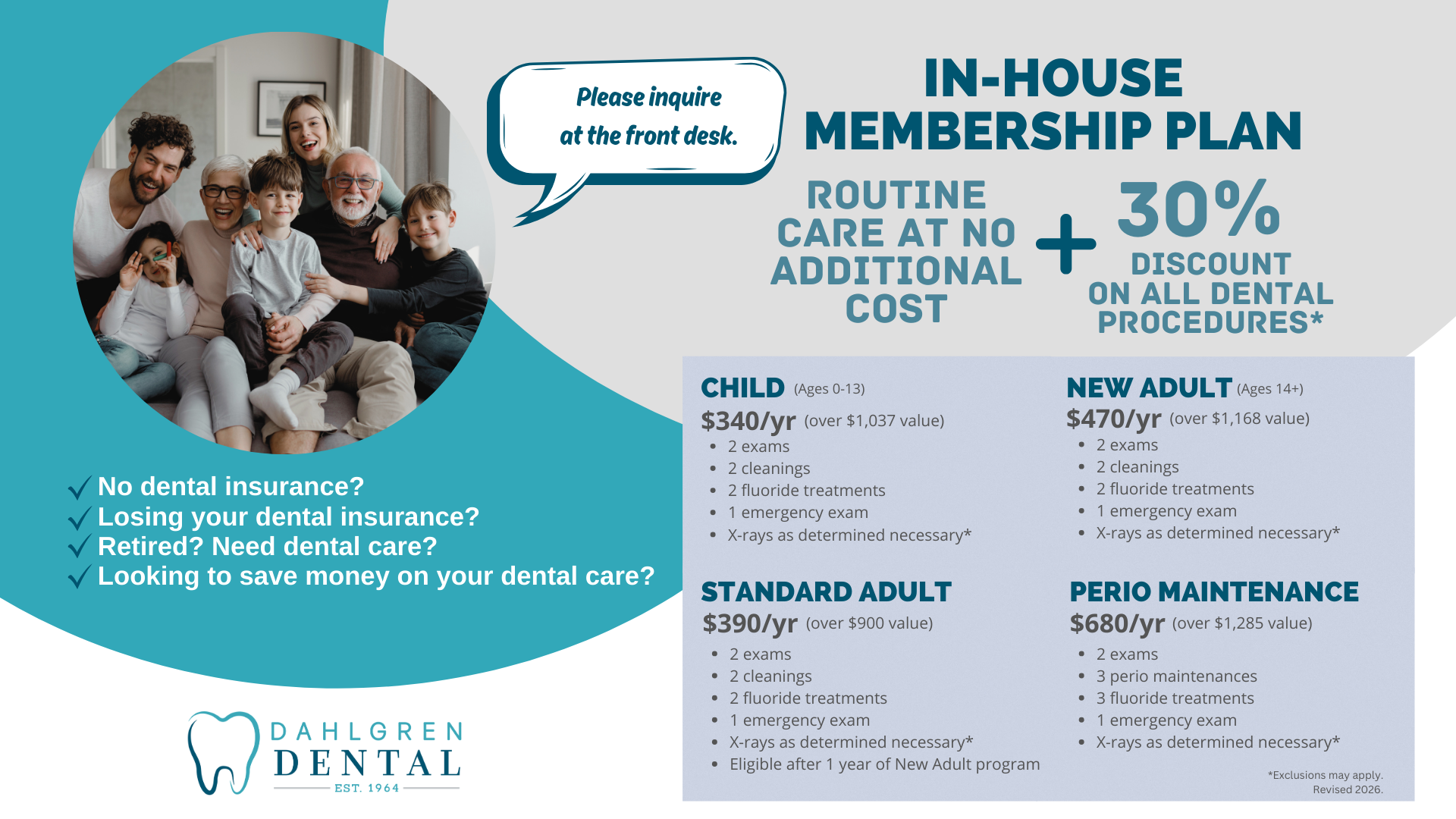 An advertisement for a dental membership plan with a picture of a family.