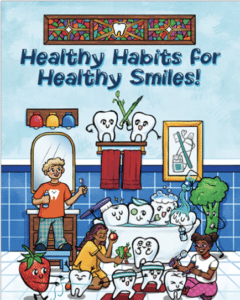 National children's dental health month | Cartoon of child brushing teeth in bathroom | King George VA