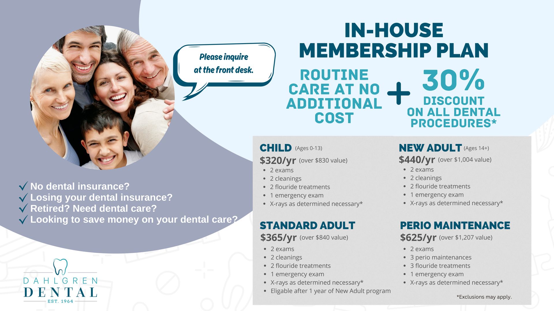 An advertisement for a dental membership plan with a picture of a family.