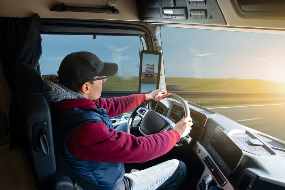 A Man Is Driving A Truck While Looking At A GPS System — Cairns Traffic Lawyers In Cairns City, QLD