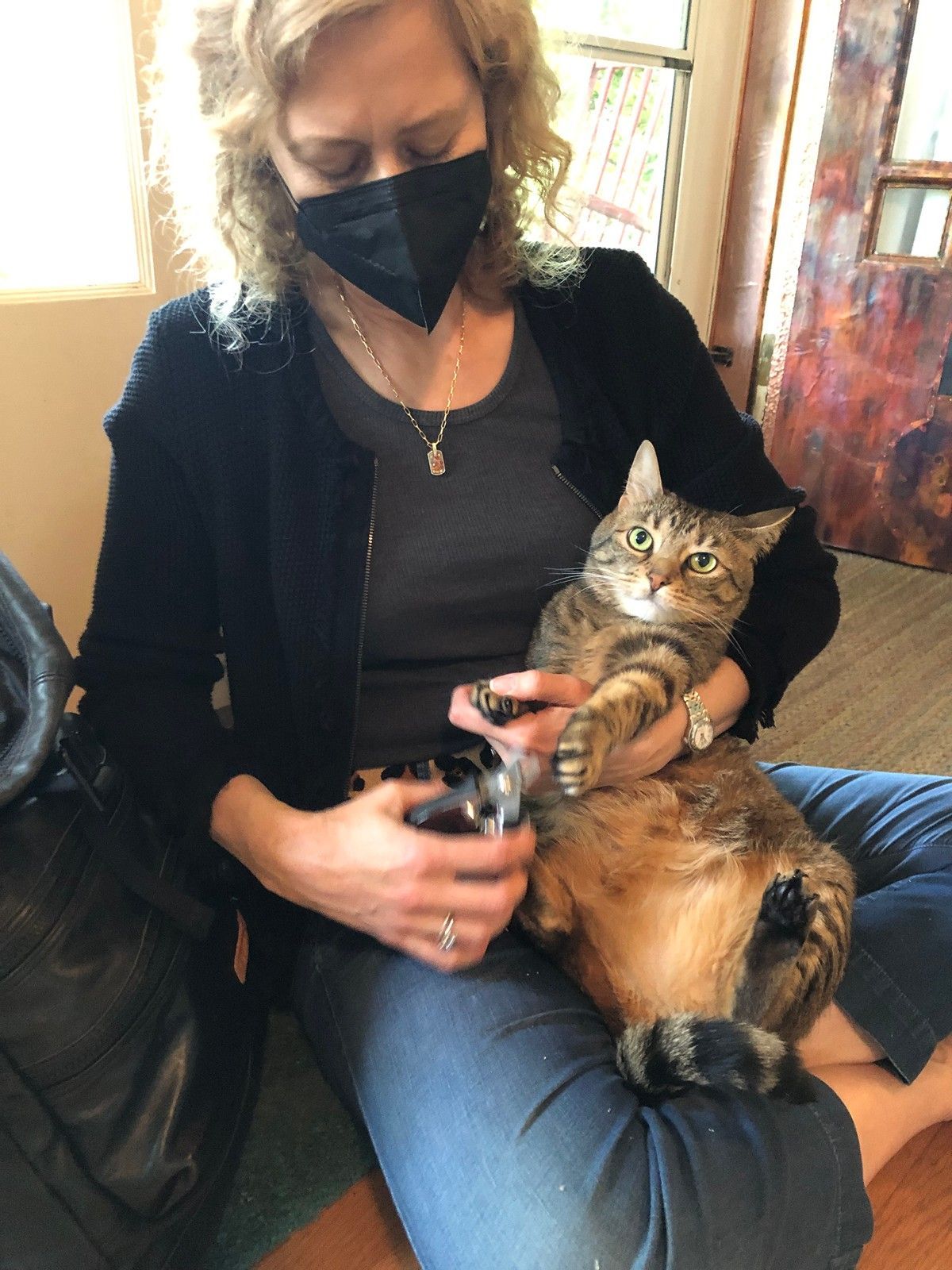 A person wearing a black mask and jacket sits and holds a tabby cat while using clippers to trim its nails.