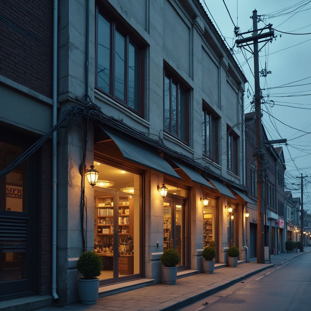 A row of shops with illuminated windows and awnings on a city street at dusk.
