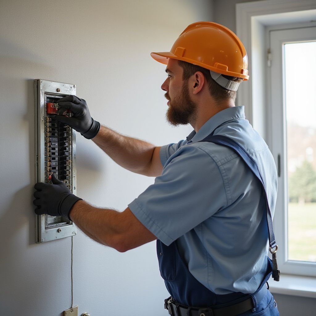 Electrician in a hard hat and overalls working on a circuit breaker box indoors.