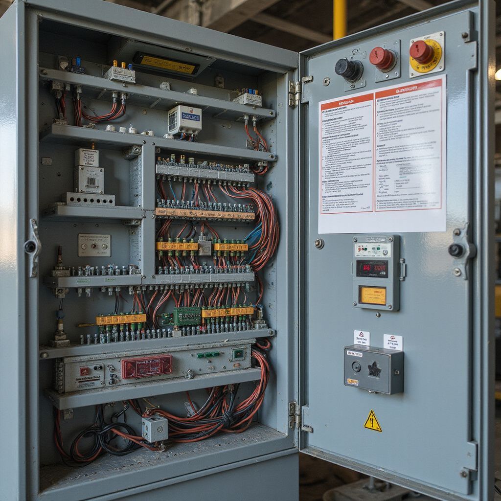 Open electrical control panel with wires, switches, and gauges in a gray cabinet.