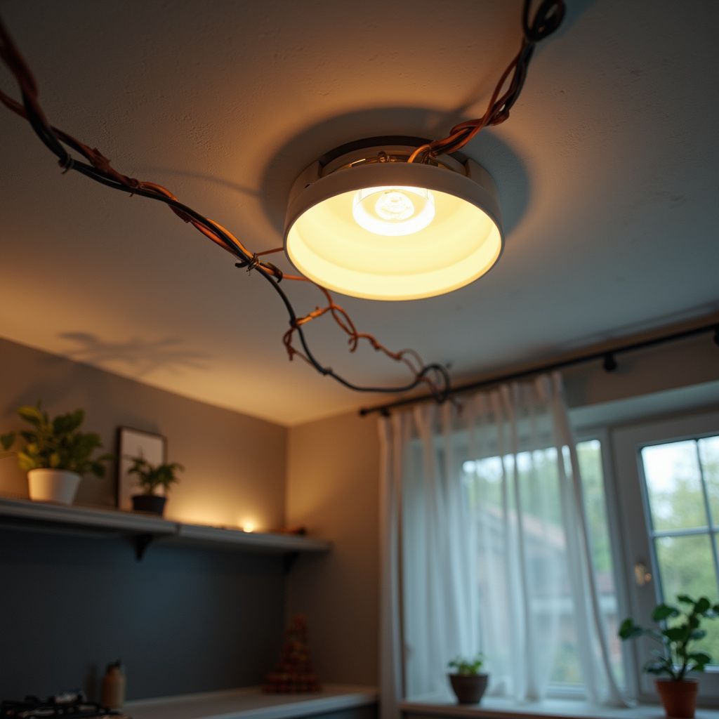 A ceiling light fixture with a barbed wire accent over a kitchen area with plants and a window.