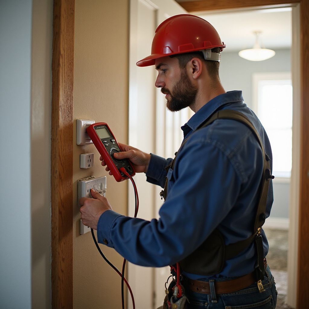 Electrician in red helmet tests an outlet with a multimeter.
