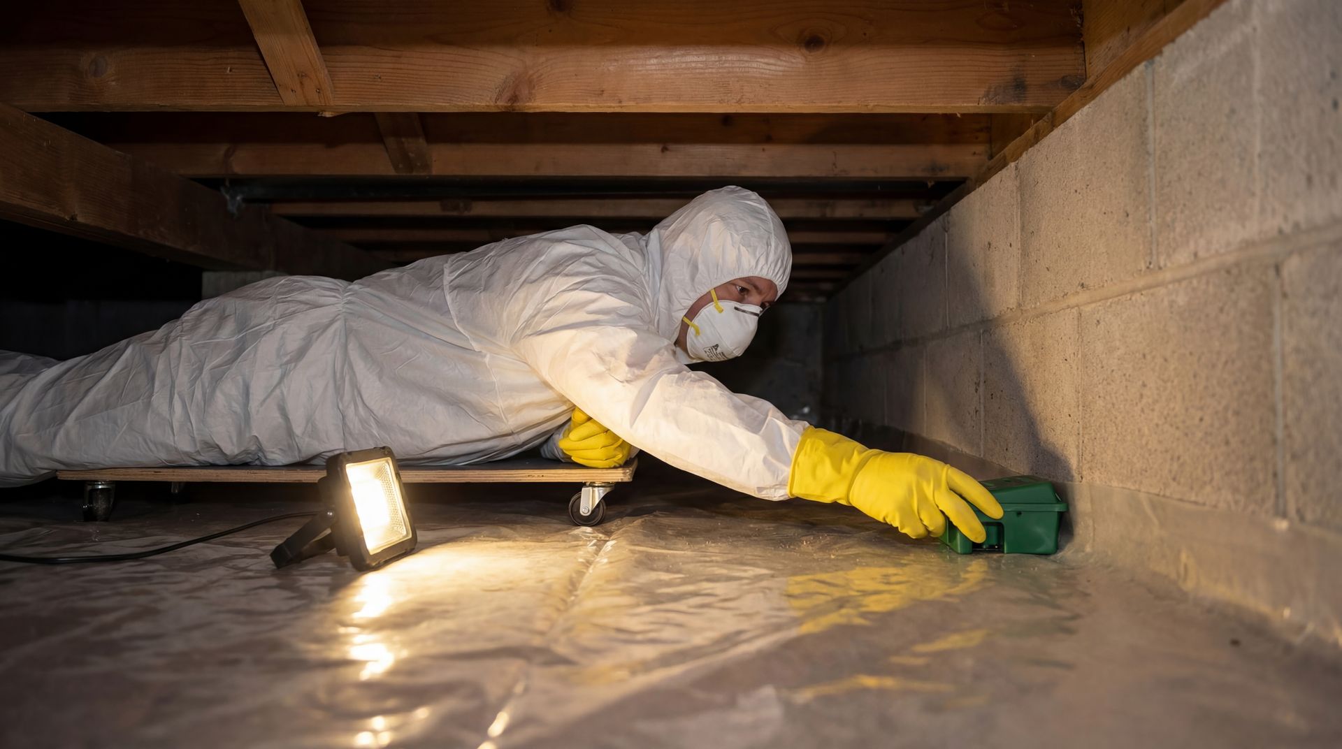 Licensed pest control technician inspecting a crawl space for moisture and pest activity in a Virginia Beach, VA, home. Licensed pest control technician inspecting a crawl space for moisture and pest activity in a Virginia Beach, VA, home.