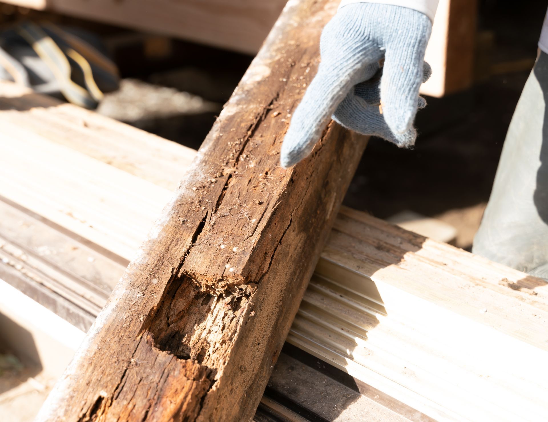 A close-up of a gloved hand pointing at a piece of rotting wooden beam with visible cracks and decay