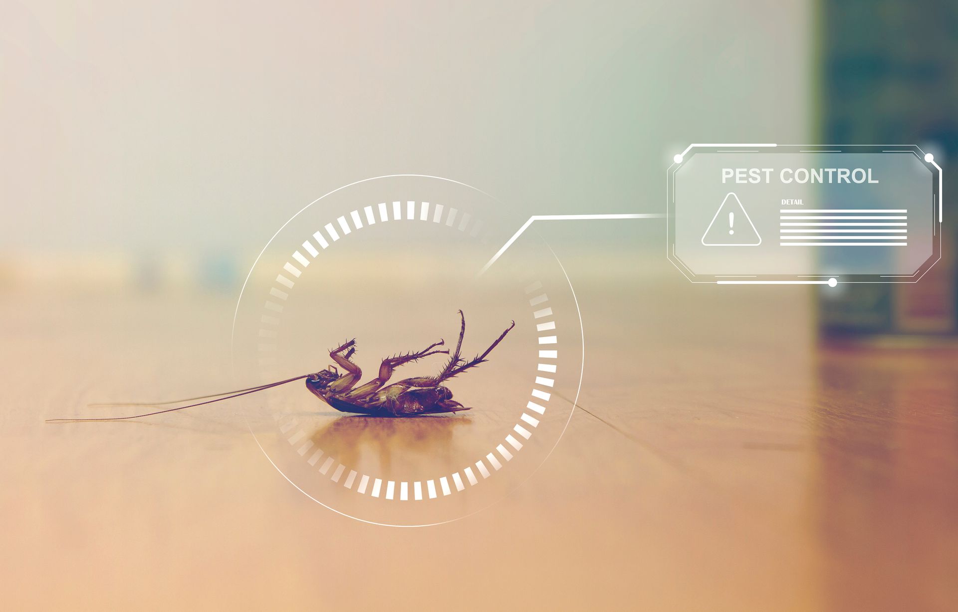 Dead cockroach on floor with Commercial Pest Control digital interface overlay