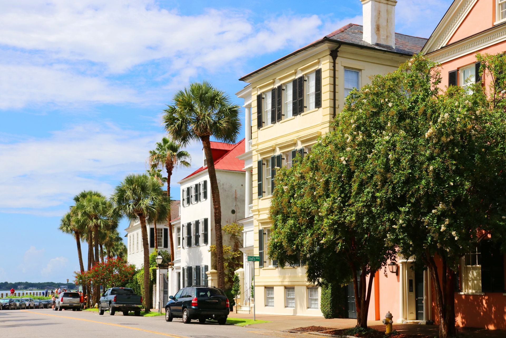 A row of houses with palm trees on the side of the road