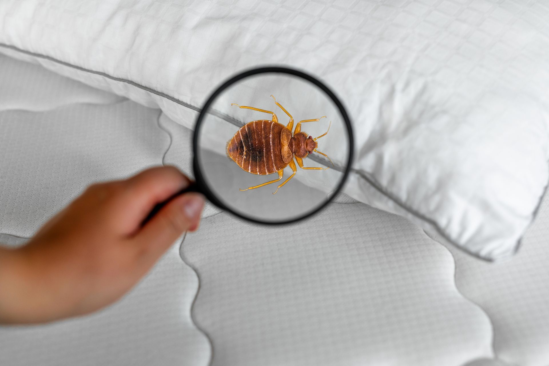 A person is looking at a bed bug through a magnifying glass.