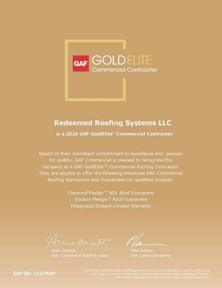 A certificate that says redeemed roofing systems llc on it