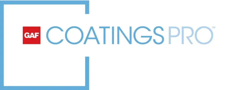The logo for gaf coatings pro is blue and red.