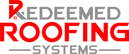 The logo for redeemed roofing systems is red and gray.