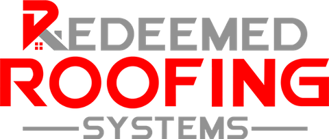 The logo for redeemed roofing systems is red and gray.