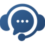 A blue and white icon of a headset with a microphone and a speech bubble.
