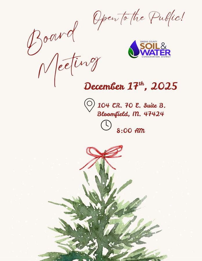 Board meeting announcement. Includes date, time, location, logo, and watercolor Christmas tree.