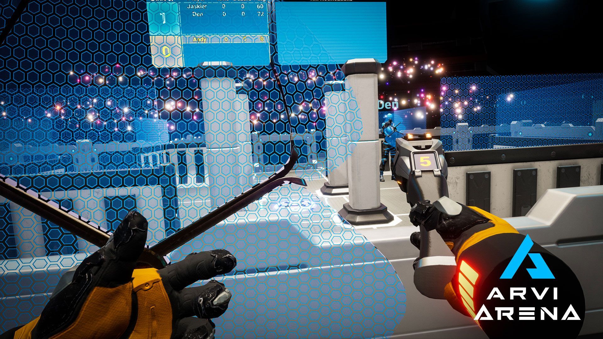 Žuti igrač koji gađa protivničkog plavog igrača VR Laser Tag igri