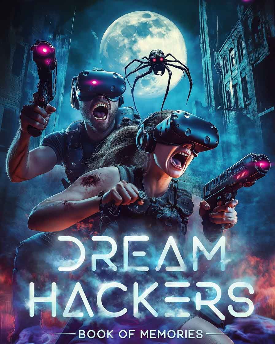 Dream Hackers poster with a guy and girl having VR headset on their heads and virtual reality guns in their hands