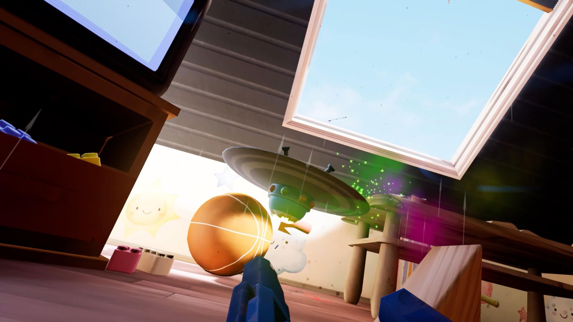 A toy NLO upside down with a colorful magic dust in the vr shooter game plush rush