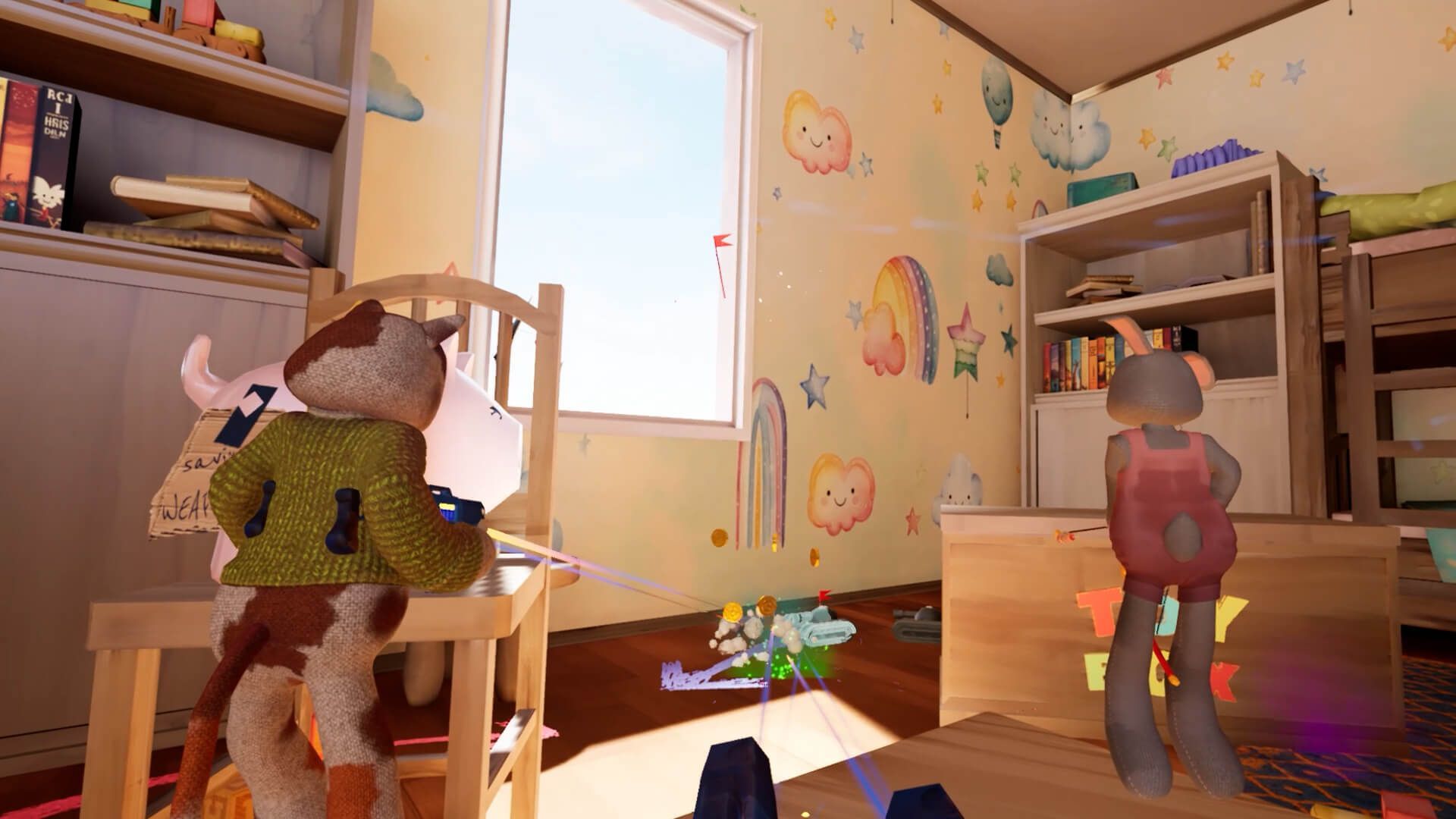 A teddy bearsloogin whte colorfull walls in vr shooter game plush rush