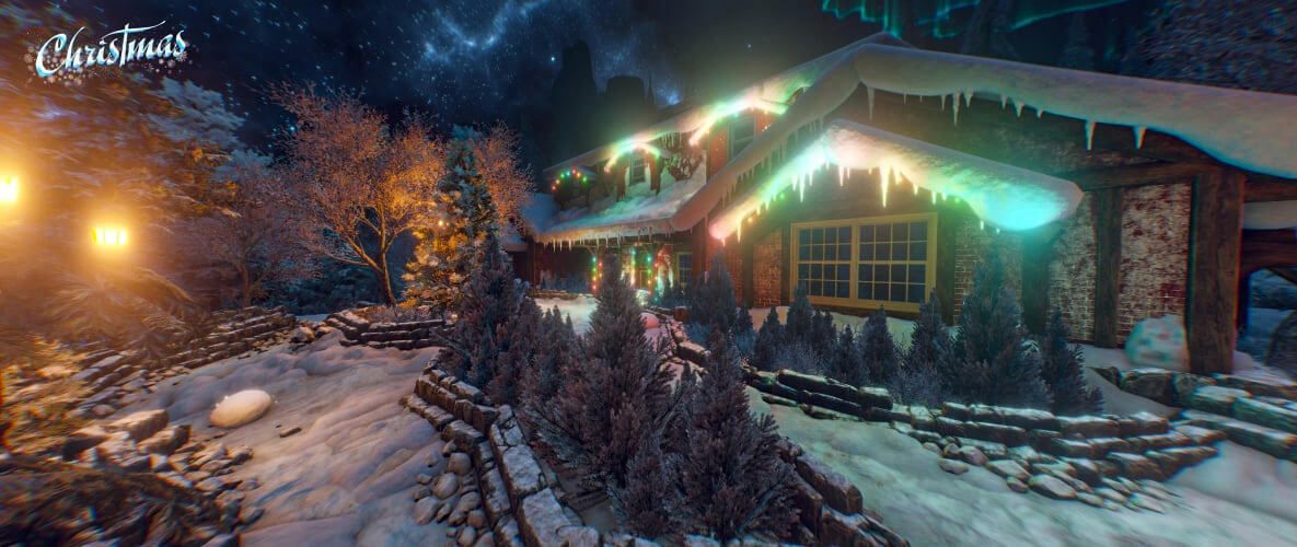 Santa Claus house located in the north pole with a christmas lights in the virtual reality game called christmas