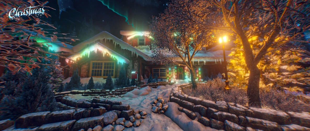 A santa Clause house in the north pole filled with Christmas lights in the virtual reality adventure Christmass