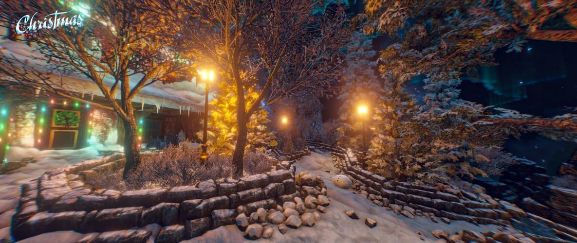 A santa Clause house in the north pole filled with Christmas lights and snow in the virtual reality adventure Christmass