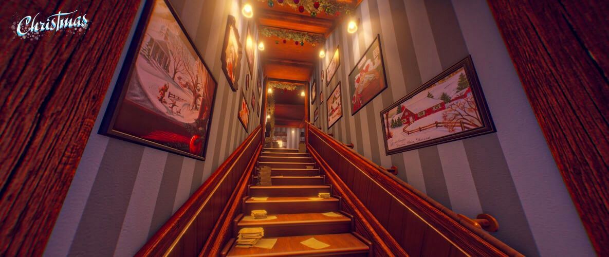 A santa Clause hallway in the north pole filled with pictures of presents in the virtual reality adventure Christmas