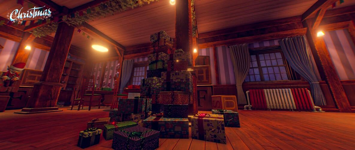 A mountan of colorfull presents in the living room in the virtual reality game Christmas