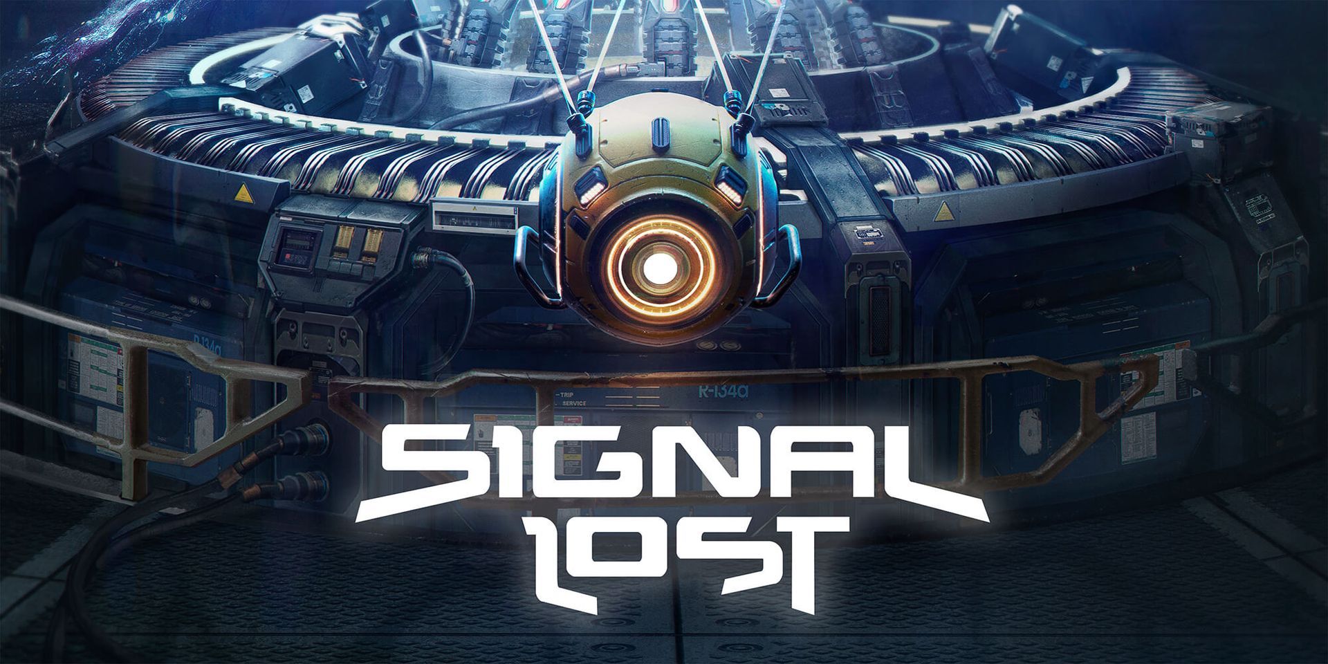 Okrugli robot sa narančastim krugom u sredini iznad naslova VR Escape Room igre Signal Lost