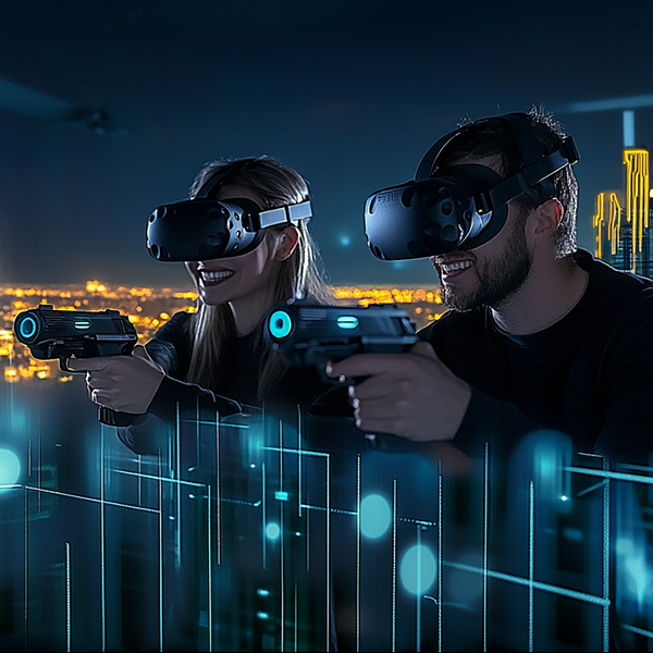Dečko i djevojka sa VR naočalama igraju VR Laser Tag u Zagrebu