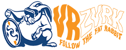 Logo VR Zvrk s maskotom zeca Zvrka i sloganom 'Follow the Fat Rabbit