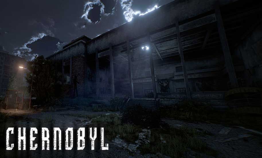 Old building with white text Chernobyl as VR Escape Room in Zagreb